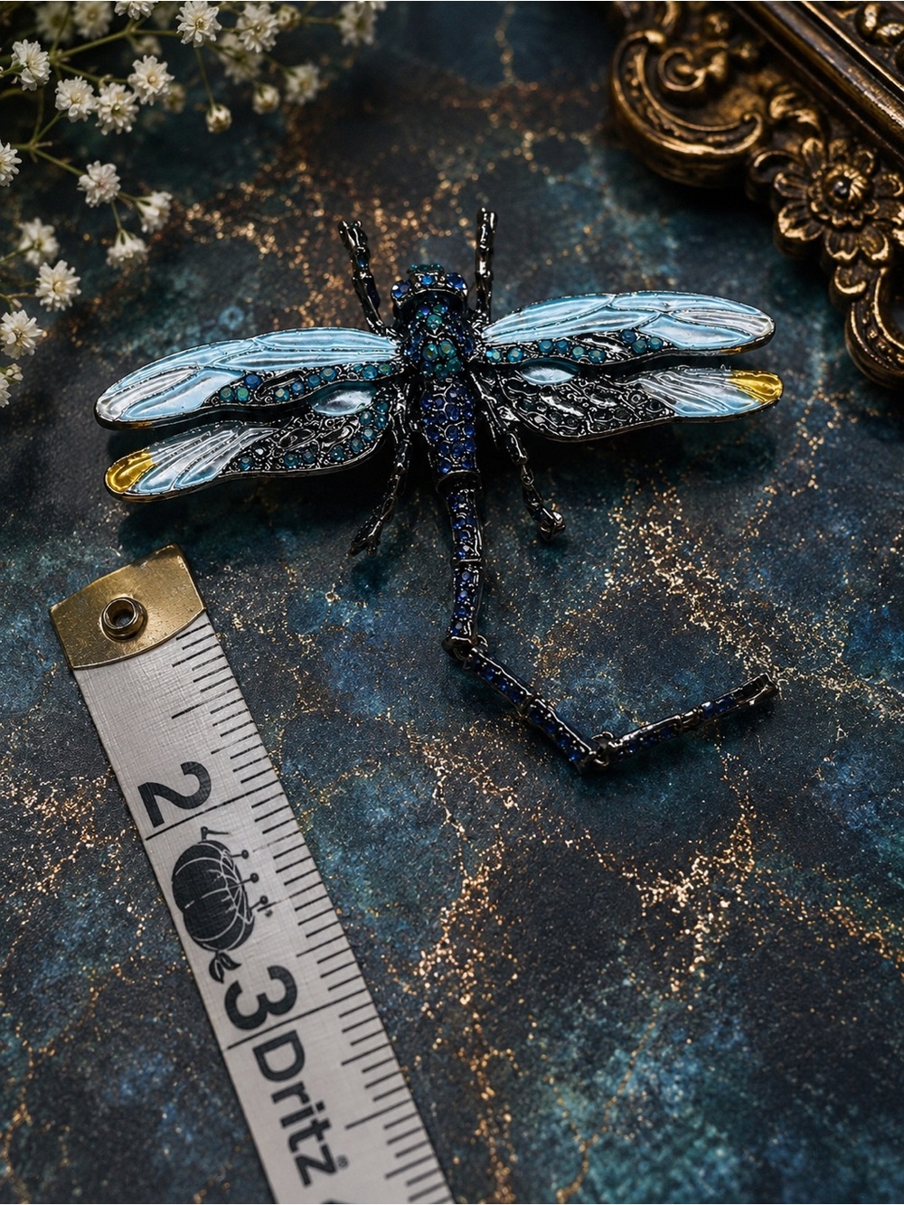 Large Articulated Dragonfly Brooch β Blue Rhinestone & Enamel Statement Pin - Picture 7 of 7